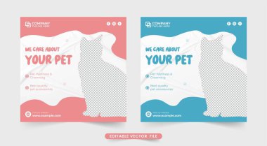 Pembe ve mavi renkli evcil hayvan dükkanı reklam şablonu. Hayvan veterinerliği ve sağlık sektörünün promosyon şablonu soyut şekillerde. Sosyal medya paylaşımları için hayvan bakım hizmeti web pankartı tasarımı.