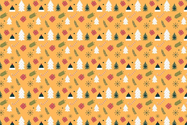 黄色の背景に松の木やギフトアイコンと美しいクリスマスパターンの装飾 イベントのシームレスなXmasパターン要素 壁紙やギフトカードのための最小クリスマスパターンベクトル — ストックベクタ