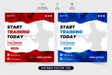 Beden eğitimi oturumu sosyal medya dijital pazarlama için bir taşıyıcı. Modern spor salonu promosyon web pankartı tasarımı mavi ve kırmızı renklerle. Jimnastik egzersiz reklam poster vektörü.