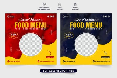 Lezzetli yemek menüsü sosyal medya posta vektörü kırmızı ve sarı renkli. Restoran yemekleri promosyon şablonu tasarımı soyut şekilli. Restoran işi dijital pazarlama web pankartı.