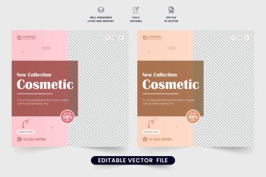 Pembe ve ipek renkli yaratıcı kozmetik satış şablonu tasarımı. İndirim teklifleriyle birlikte kozmetik promosyon poster vektörü. Dijital pazarlama için güzellik ürünü reklam web pankartı tasarımı.