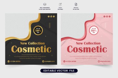 Kozmetik sosyal medya, altın ve pembe renkli vektör gönderiyor. Dijital pazarlama için modern kozmetik sektörü tanıtım şablonu. Moda ve güzellik ürünü indirimi. Soyut şekilli web pankartı tasarımı.