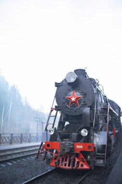 Karelia Rusya Cumhuriyeti - Sovyet L serisi buharlı lokomotif mermer kanyon tren istasyonu platformunda Ruskealsky Express turist treni. dikey kare