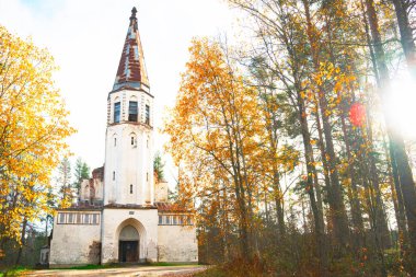 Manzara. Rusya, Karelia Cumhuriyeti. Eski terk edilmiş kilise Lutheran katedrali, altın sonbahar.