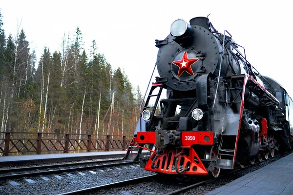 Karelia Rusya Cumhuriyeti - Sovyet L serisi buharlı lokomotif mermer kanyon istasyonu platformunda Ruskealsky Ekspres turist treni.