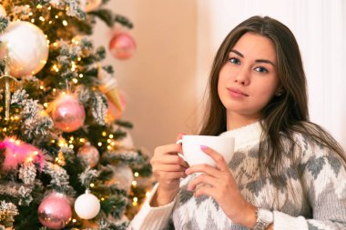 Elinde kupayla güzel bir kız yeni yılı ve Noel 'i kutluyor. Evdeki kız, içki içiyor, rahat..