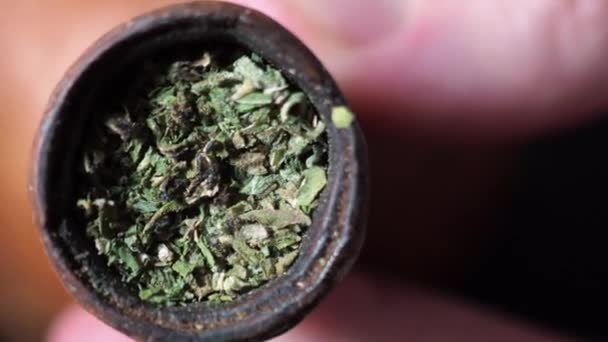 Fumare pipa con marijuana medica primo piano. — Video Stock