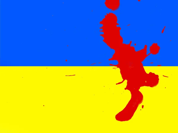 Stänkt Röd Fläck Som Liknar Blod Bakgrunden Den Ukrainska Flaggan — Stockfoto