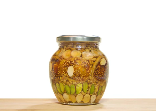 Frasco Nozes Frutas Preservado Pote Mel Pistácios Nozes Amendoins Amêndoas — Fotografia de Stock