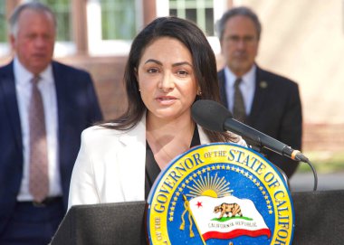 Napa, CA - 24 Mart 2022: Merced County Denetleme Bölgesi 5, Patricia Ramos, Napa Devlet Hastanesi 'nin dışındaki basın toplantısında Vali' nin CARE Mahkemesi yuvarlak masa toplantısı sonrasında konuştu.