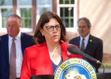 Napa, CA - 24 Mart 2022: Meclis üyesi Cecilia Aguiar Curry, Valinin CARE Mahkemesi yuvarlak masa toplantısı sonrasında Napa Devlet Hastanesi önünde düzenlediği basın toplantısında konuştu.