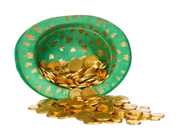 Sombrero Duende Verde Lado Con Monedas Oro Derramándose Aislado Blanco —  Fotos de Stock