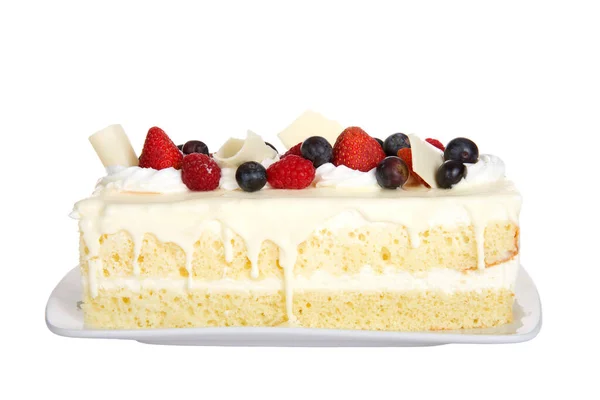 Close One Vanilla Cake Bar White Chocolate Topped Fresh Strawberries — Foto de Stock