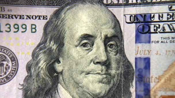 Vídeo Ampliando Benjamin Franklin Frente Uma Nota 100 Dólares Extremo — Vídeo de Stock