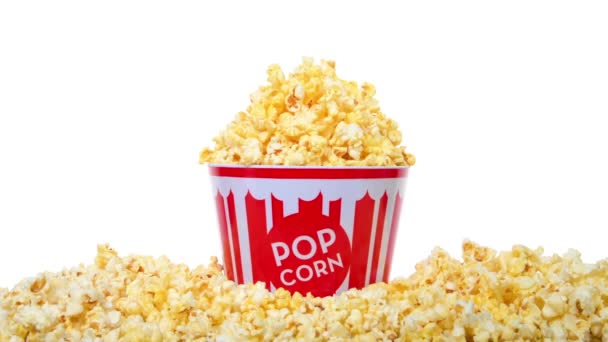 Video Zooming Traditional Red White Bucket Pop Corn Heaped High — Stock Video