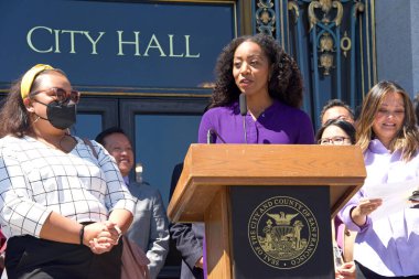 San Francisco, CA - Aug 25, 2022:  Malia Cohen, chair of the California State Board of Equalization, speaking at City Hall at Women;s Equity Day Register to Vote Press Conference.