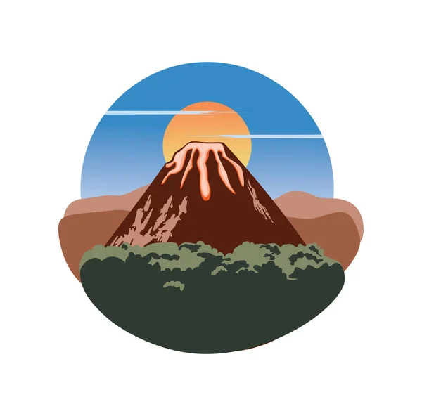 Volcano Lanskap Gunung Dengan Pohon Langit Dan Gambar Desain Matahari - Stok Vektor