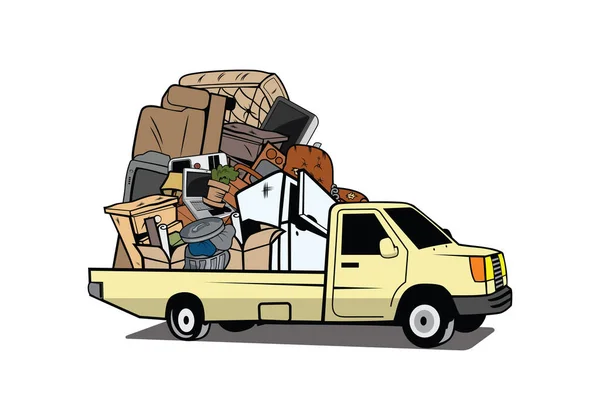 Cartoon Pickup Truck Loaded Full Household Junk Design Illustration Vector — 图库矢量图片
