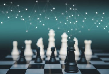 Satranç tahtası oyunuyla rekabetçi fikirler üretme stratejisi. İş rekabeti, mücadele ve mücadele sorunları, çevre sorunları tehditleri. 