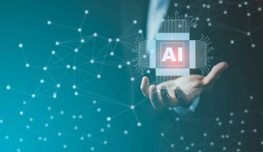 Yapay Zeka (Yapay Zeka) elinde bulunan iş adamı, büyük veri ağı makine öğrenme ve karanlık arka plan, yapay zeka teknolojisi, yenilik ve gelecekteki veriler hakkında.