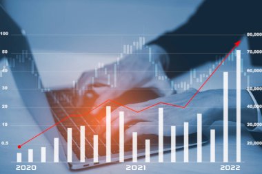 İş analizleri ve finansal konsept, iş büyümesini artırma planları ve artış, Teknoloji ve İş Eğilimi analizi kavramları, bilgisayar defterinde iş grafikleri yer alıyor.