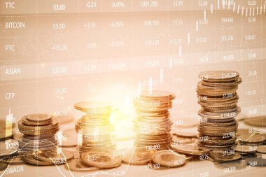 İş Finansmanı için Tasarruf Bankası konsepti, madeni para ve satır büyümesi, borsa veya önx ticaret grafiği ve şamdan grafiği mali yatırım parası, döviz kuru geçmişi için uygundur