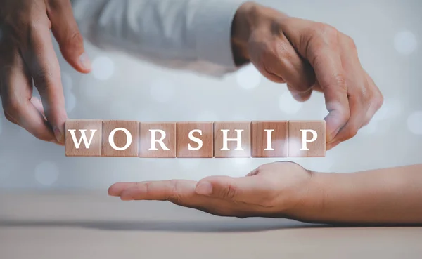 Praying Worship Concept Hand Hold Cubes Woods Block Table Word — Stock Photo, Image