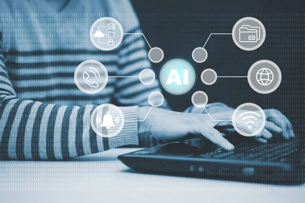 Yapay Zeka (AI) ile birlikte tabletli ve defterli adam, büyük veri ağı öğrenme ve karanlık arka planda veriler, yapay zeka teknolojisi, yenilik ve fütüristik.