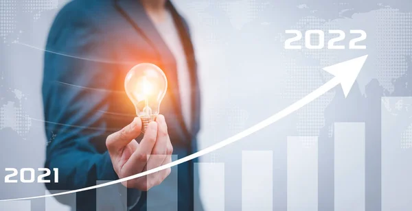 Business Holding Light Bulb Growth Data Chart Arrow Dimen22 Budget — 스톡 사진
