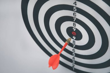 Dart okunun hedefi tam 12 'den vurması, kırmızı dart okunun hedefin merkezine isabet etmesi, hedefin tam ortasına isabet etmesi, iş pazarında meydan okuma, hedef ve konsept olarak hedef alma..