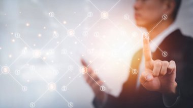 Businessman touchscreen money icon on the graph Screen Icon of a media screen, Technology Process System Business with Communication and marketing concept, Team success, HR Human, Business success