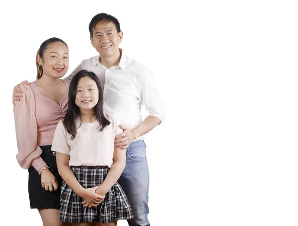 Happy Asijské Rodina Žena Muž Junior Dívka Úsměvem Zábavou Bílém — Stock fotografie