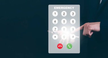 Acil durum ve şeffaf telefon düğmeleri olan sanal telefon tuş takımı, ekrandaki telefon numarasının iş adamı dokunma tuşu, akıllı telefondan arama yapmak için parmak dokunma numarası, kapat