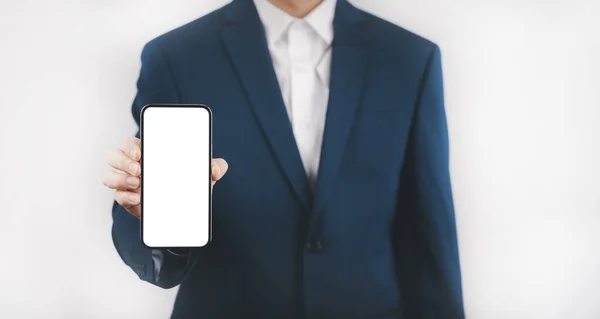 Businessman Hand Holding Mobile White Blank Screen Mock Cell Mobile — Stock Photo, Image