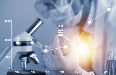 Steteskop taşıyan doktor veya bilim adamı COVID-19 aşısı, kızamık, koronavirüs aşısı salgın aşısı, aşı aşısı, virüs covid-19 korona virüsüne karşı mücadele kavramı