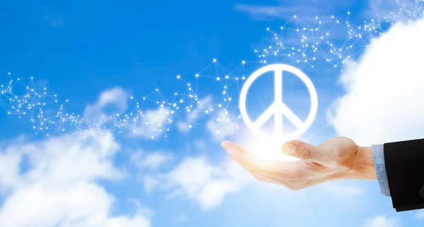 Hand Holding Peace Sign Icon War Sky Background International Peace — Stock Photo, Image