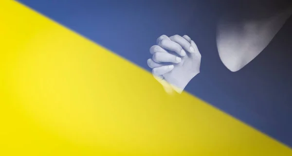 Flag Ukraine Woman Praying Worshiping Hands Worship God Flag Background — Stock Photo, Image