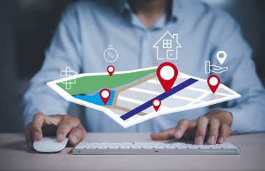 Sanal dünya ve konum noktalı model haritası, GPS uygulaması, simge seyahat haritaları ve çevrimiçi sistemde yer bulma, tüm ekran grafikleri oluşturuldu, seyahat hedefleri aranıyor.