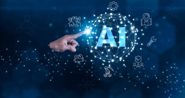 İşadamı Yapay Zeka (Yapay Zeka), büyük veri ağı öğrenme ve karanlık arkaplan, yapay zeka teknolojisi, yenilik ve gelecekteki veriler, Büyük veri