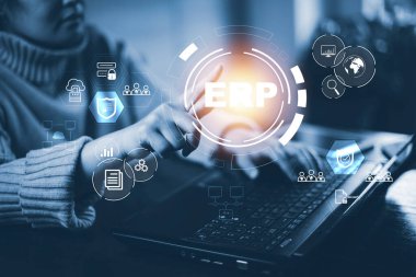 Businessman using laptop with document management for ERP, enterprise resource management software system for business, Enterprise resource planning,  business management company, Internet technology.