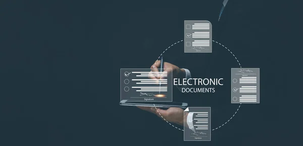 Signing electronic documents on digital documents Online, businessman with contract Electronic signature, e-signing, digital document management, paperless office, signing business contract concept,