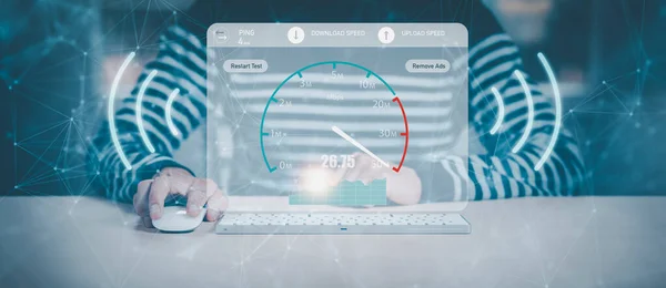 Fast internet connection with Metaverse technology concept, Hand holding smartphone and Virtual screen of Internet speed measurement,Internet and technology concept, 5G Hi speed internet concept