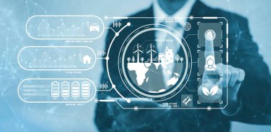 Man touch bar of energy worker interface, sustainable development with renewable energy icon,conservation of natural resources Environmental protection,electric car, powerplant, energy transmission