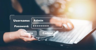 Güvenlik şifresi girişi çevrimiçi konsept Eller yazma ve giriş sosyal medya kullanıcı adı ve parolası, akıllı telefonla çevrimiçi bir banka hesabına giriş yap, hacker 'dan veri koruması