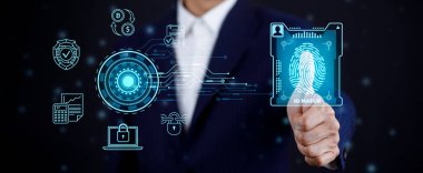 Bir medya ekranının parmak izi, internetin iş dokunuşu taraması. yeni teknoloji büyük veri ve iş süreci stratejisi, otomatik işletim, müşteri hizmetleri yönetimi, çevrimiçi pazar konsepti