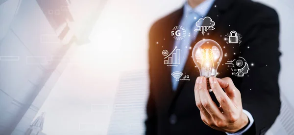 Businessman Holding Light Bulbs Ideas New Ideas Innovative Technology Creativity — Stock Photo, Image