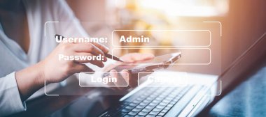 Güvenlik şifresi girişi çevrimiçi konsept Eller yazma ve giriş sosyal medya kullanıcı adı ve parolası, akıllı telefonla çevrimiçi bir banka hesabına giriş yap, hacker 'dan veri koruması