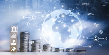 Banka ve ahşap blok küp kavramı, madeni para ve satır büyümesi, borsa veya önx ticaret grafiği ve şamdan grafiği mali yatırım parası, döviz kuru geçmişi için uygundur