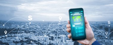 Akıllı telefon ile akıllı şehirlerdeki modern yaratıcı telekomünikasyon ve internet ağı bağlantısı, bulanık yol geçmişi üzerindeki GPS navigasyon haritası ikonu, teknoloji yaşam tarzı ve iş seyahati.