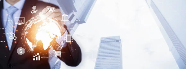 아이콘 비즈니스 새로운 Businessman Touch Virtual Globe Financial Icons Technology — 스톡 사진